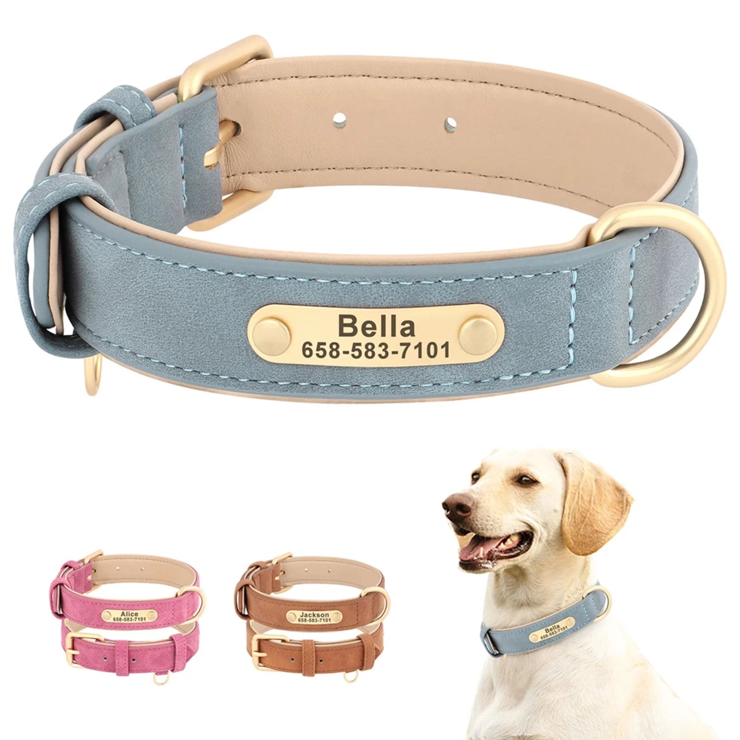 New Soft Padded Personalized PU Leather Dog Collar with Free Engraved ID Tag for All Dog Sizes