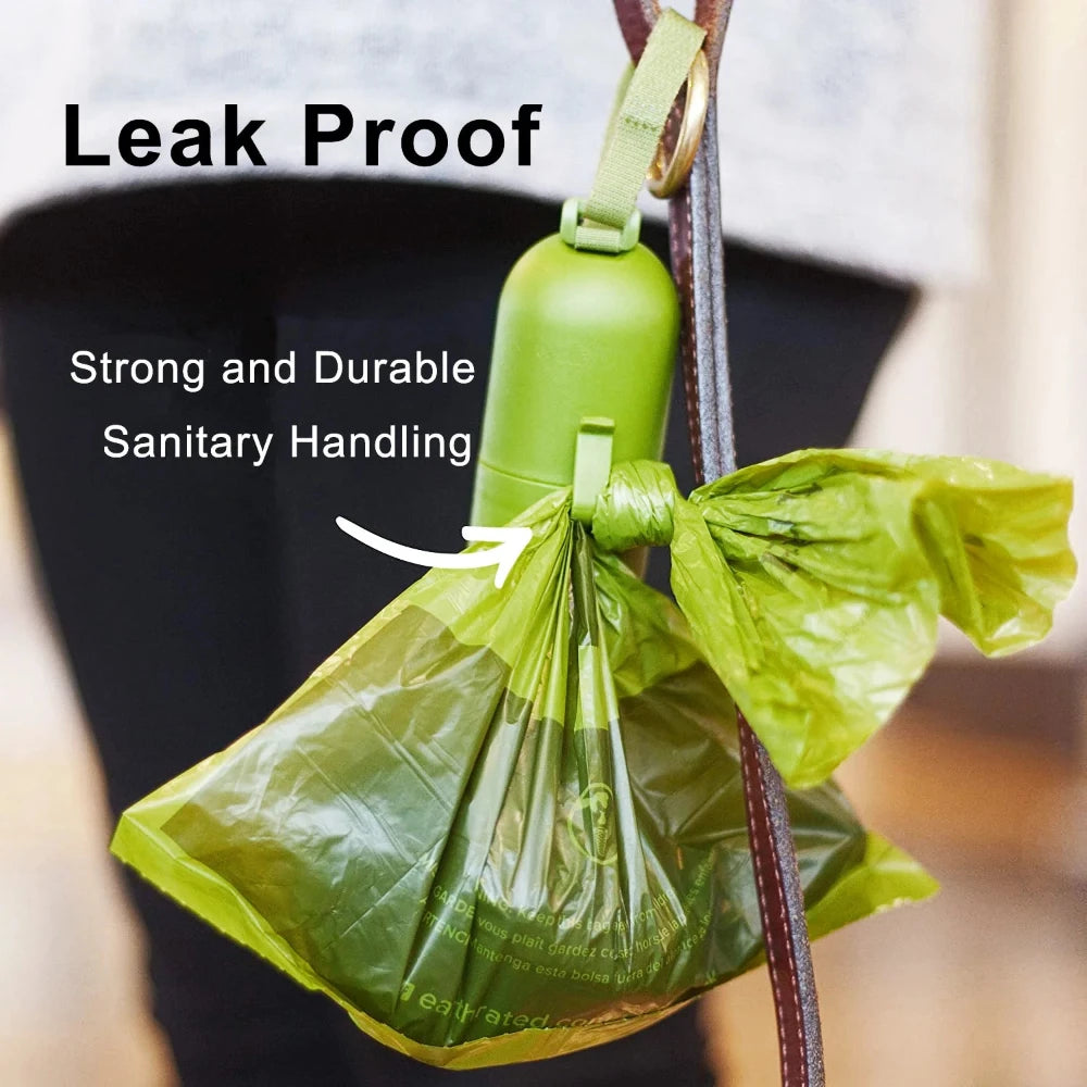 The leak proof biodegradable poop bag holder holding a full poop bag attached to a leash.