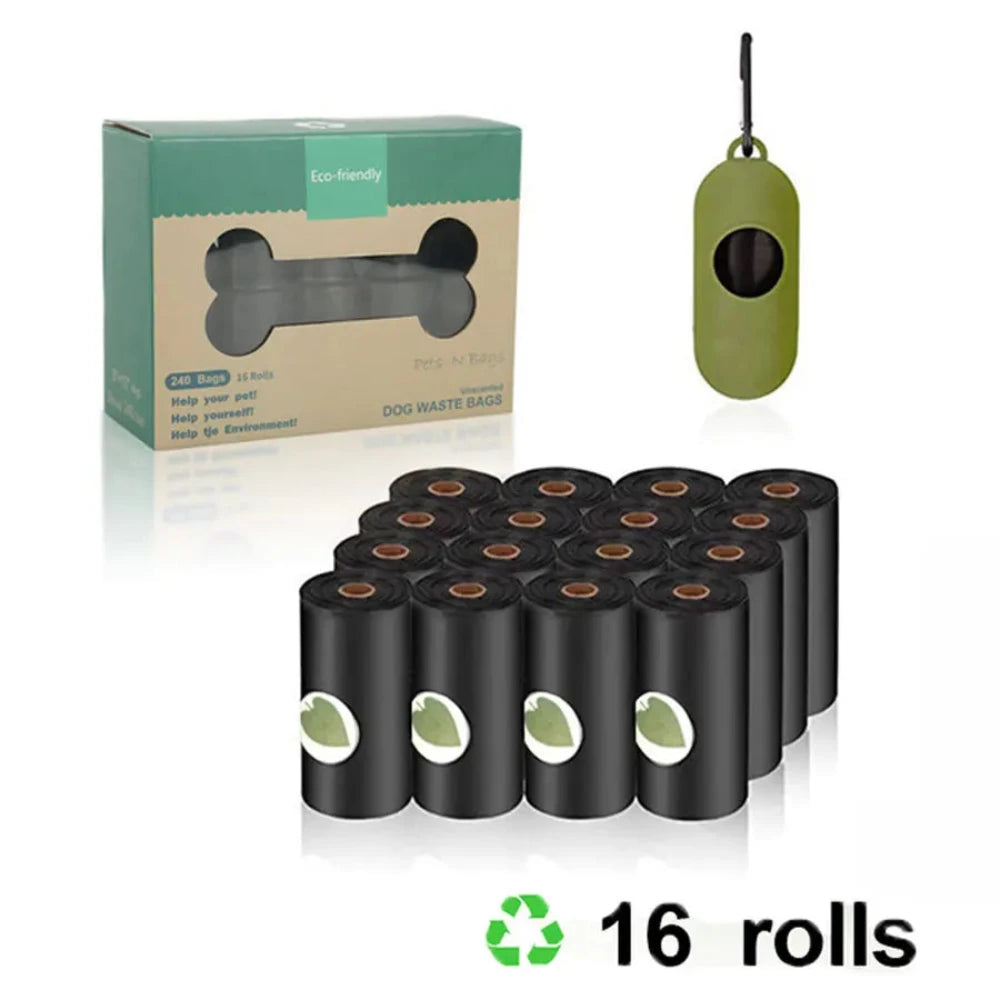 The biodegradable poop bag set of 16 rolls in black.