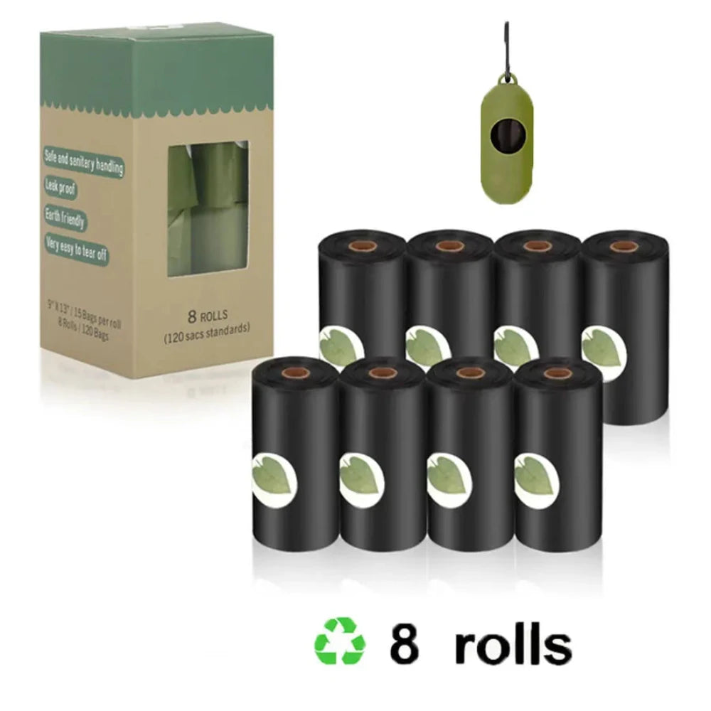 The biodegradable poop bag set of 8 rolls in black.