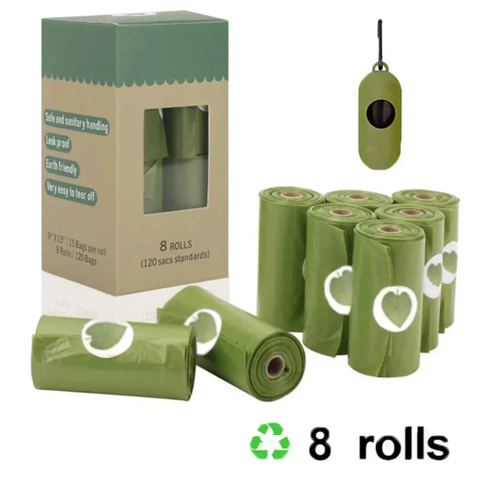 The biodegradable poop bag set of 8 rolls in green.