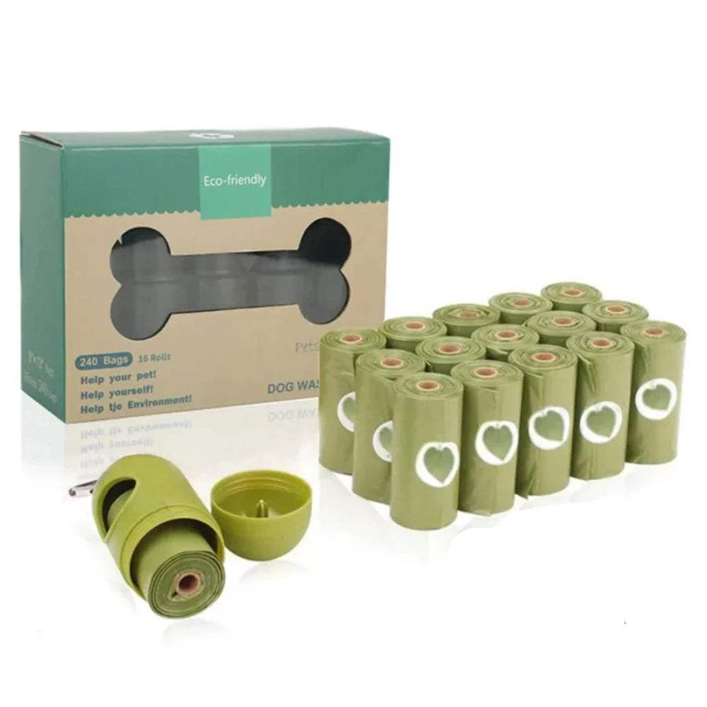 The biodegradable poop bag set with its packaging and a bag holder.