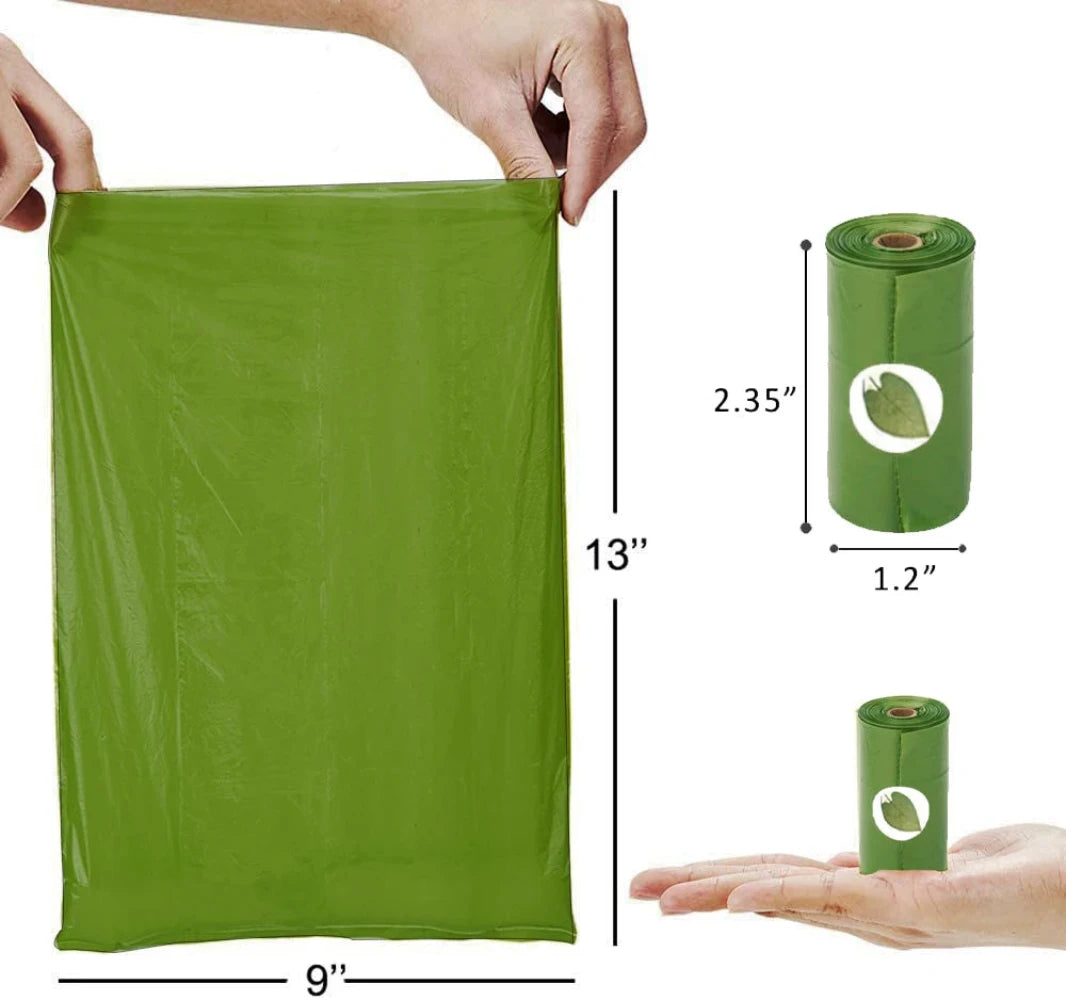 The biodegradable poop bag measurements of a full role. 2.35inches in length and 1.2inches in width. The measurements of a bag fully opened and stretched out. 13inches in length and 9inches in width.