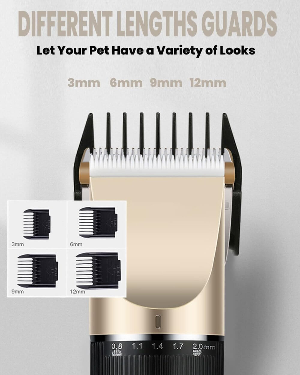 The electric pet hair trimmer and its 4 attachable heads. 3mm, 6mm, 9mm and 12mm.