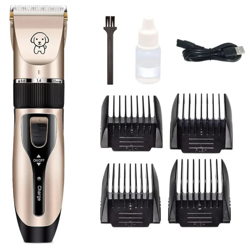 The electric pet hair trimmer and its kit inclusions. Brush, cleaner liquid, USB charging cable and its 4 attachable guard heads.