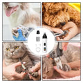 4 graphics of cats and dogs having their nails clipped manualy. A grpahic in the centre showing the electric pet nail clipper kit.