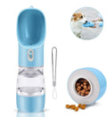 The portable pet feeding bottle in blue. 2 graphics of the base of the bottle filled with treats and a dog drinking from the water trough at the top.