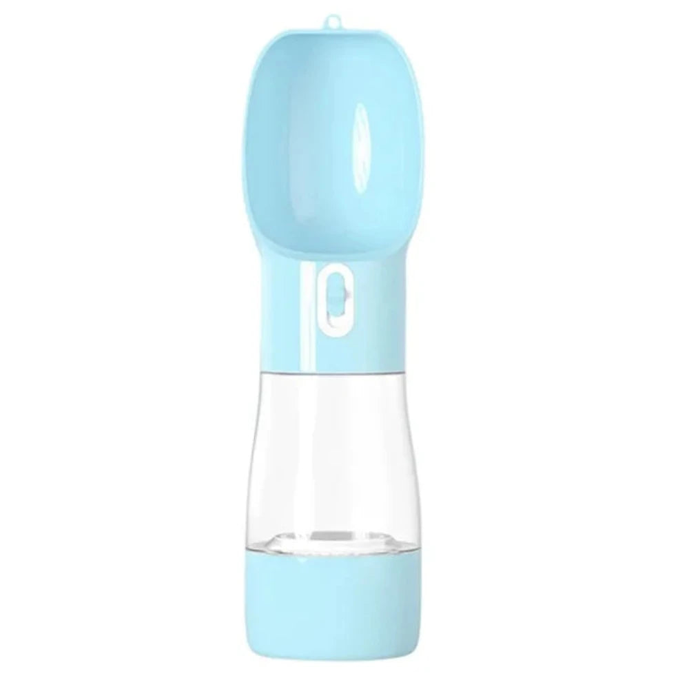 The portable pet feeding bottle in blue.