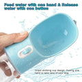 The top of the portable pet feeding bottle in blue showing the bottles trough and water release button.