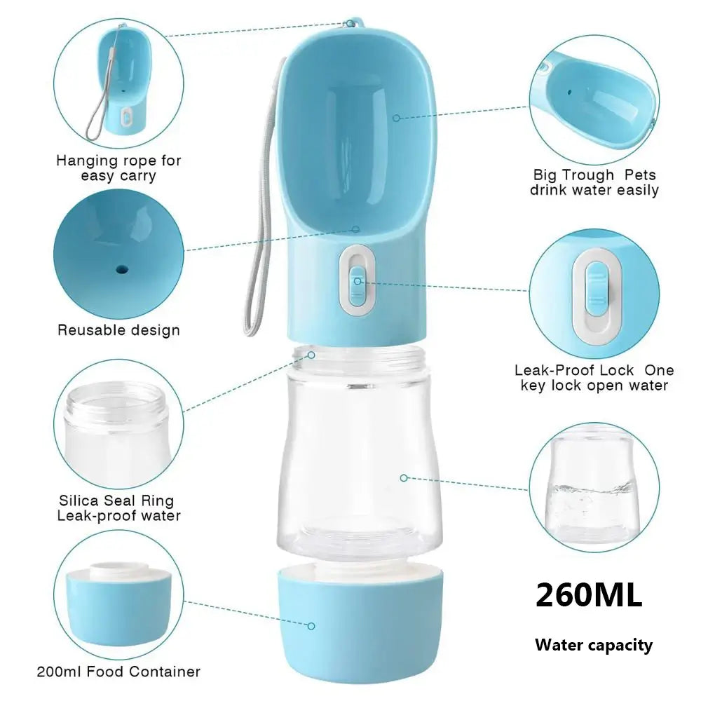 The portable pet feeding bottle in blue and its features. Hanging rope for easy carrying, reusable design, silica seal ring for leak-proofing, 200ml base food container, big top trough for pets to drink water easily, leak-proof lock and water release button and 260ml water capacity.