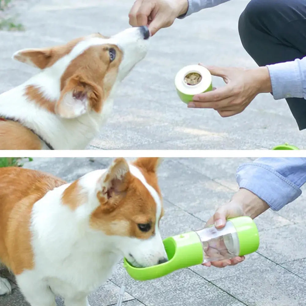 2 images of someone bending down to feed a dog treats from the base storage and also letting the dog have water from the top trough.