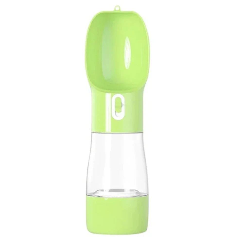 The portable pet feeding bottle in green.